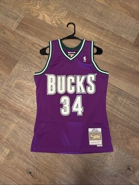 Mitchell & Ness Bucks #34 Purple with Green Trim Retro Mesh Jersey